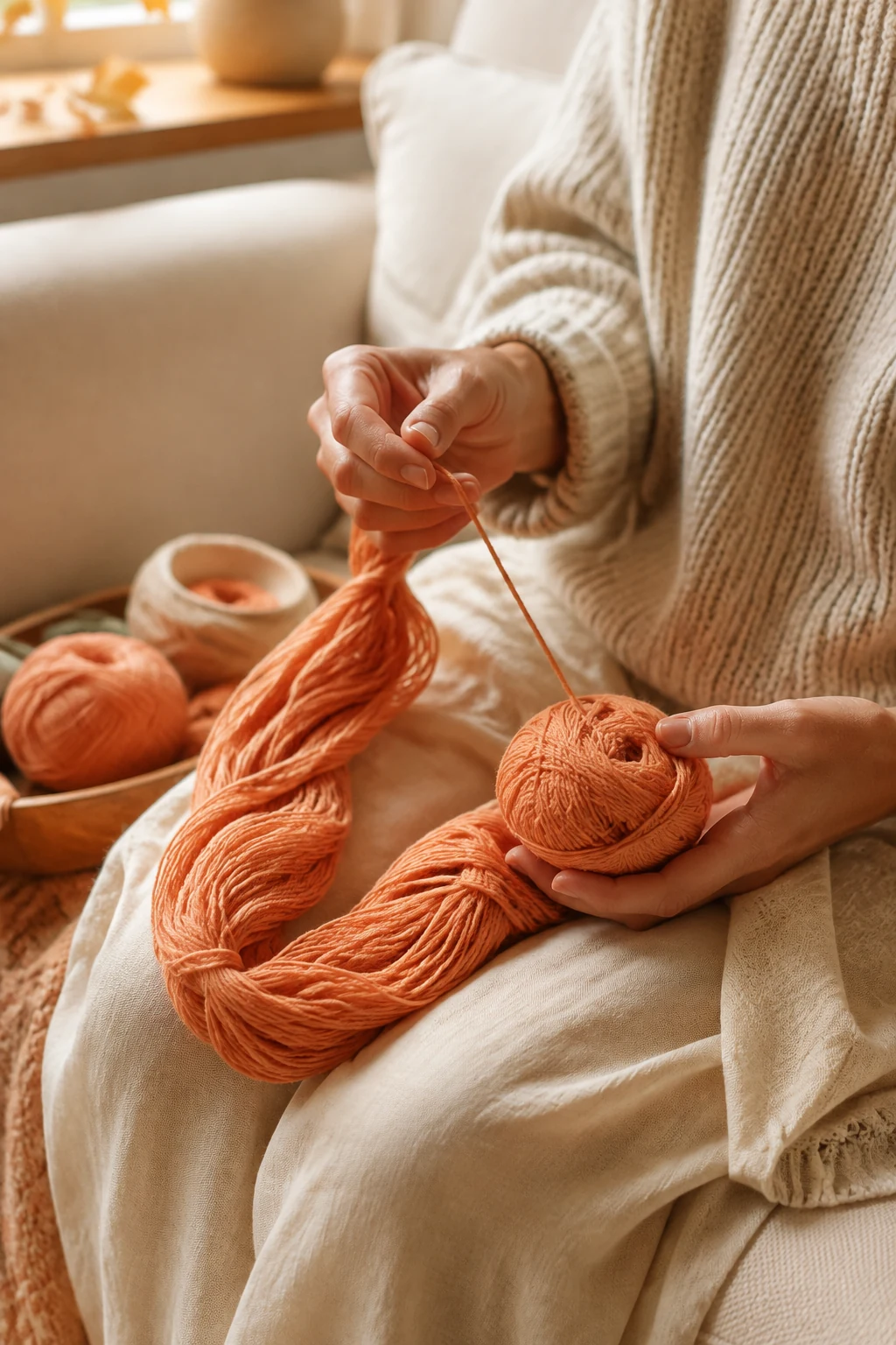 Hands winding an apricot skein into a ball