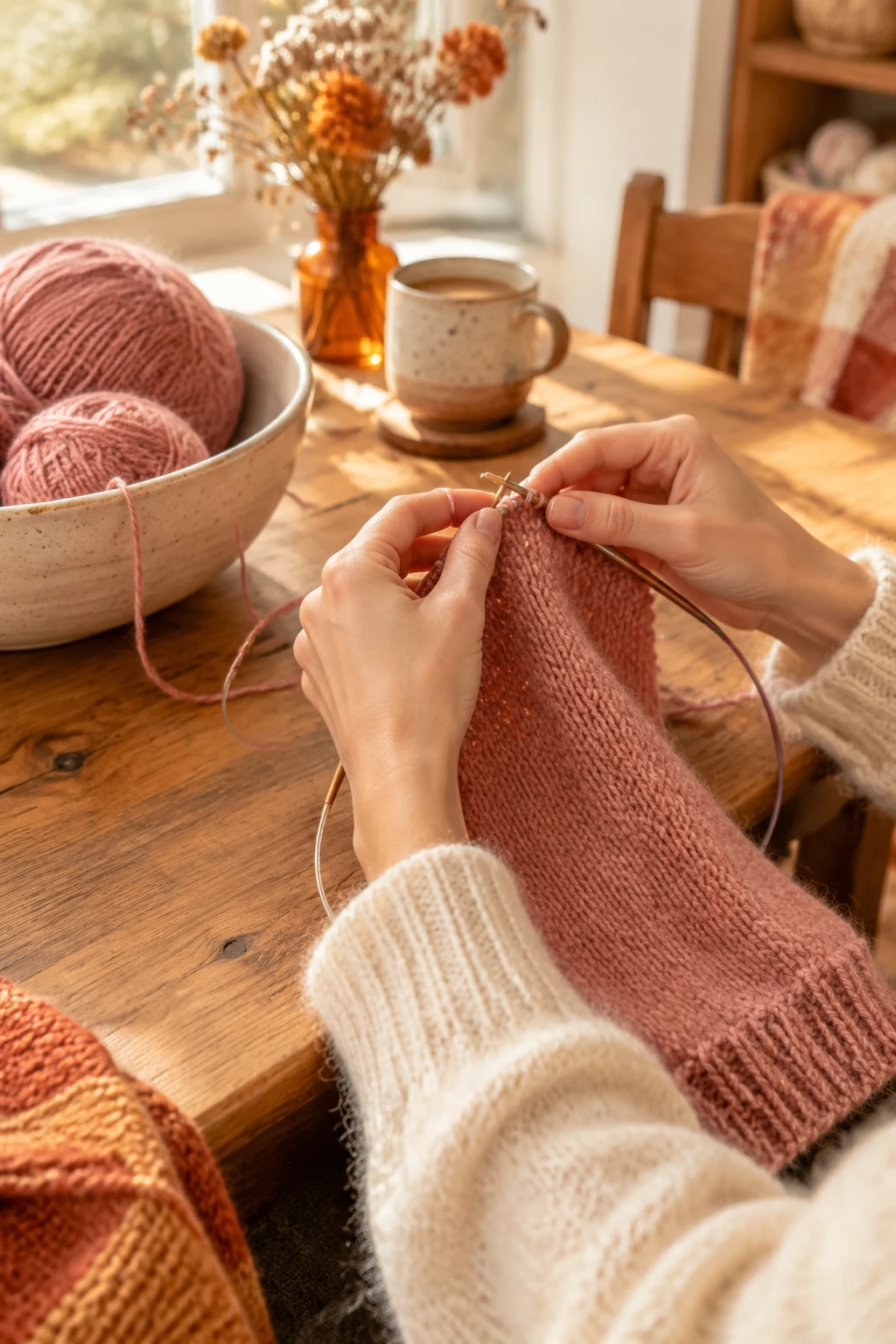 Hands knitting a rose-pink sleeve on circular needles