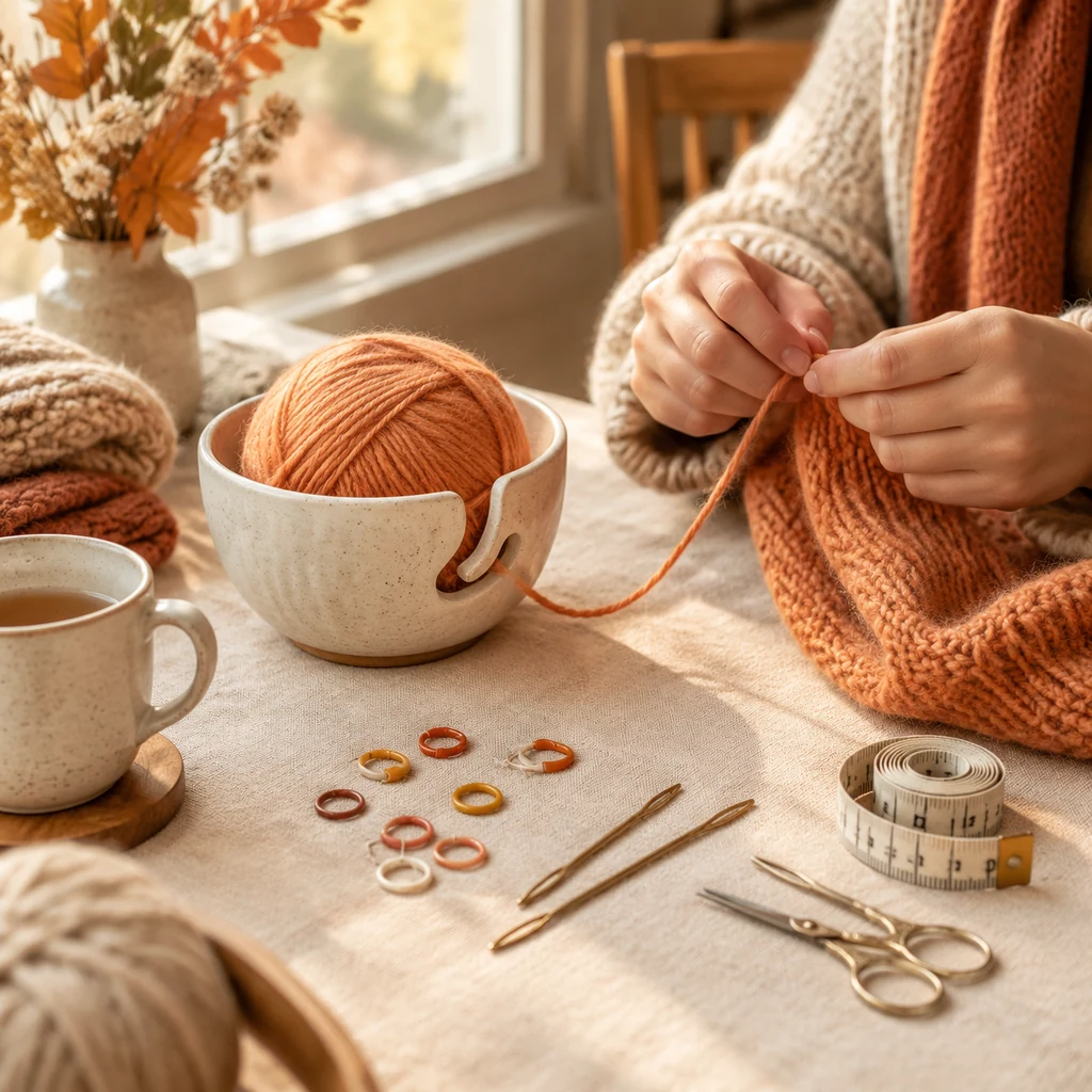 Stitch markers, tapestry needles, scissors and a yarn bowl