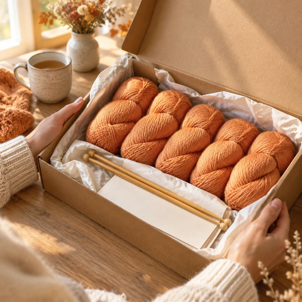 Open kit box with matching apricot skeins and bamboo needles