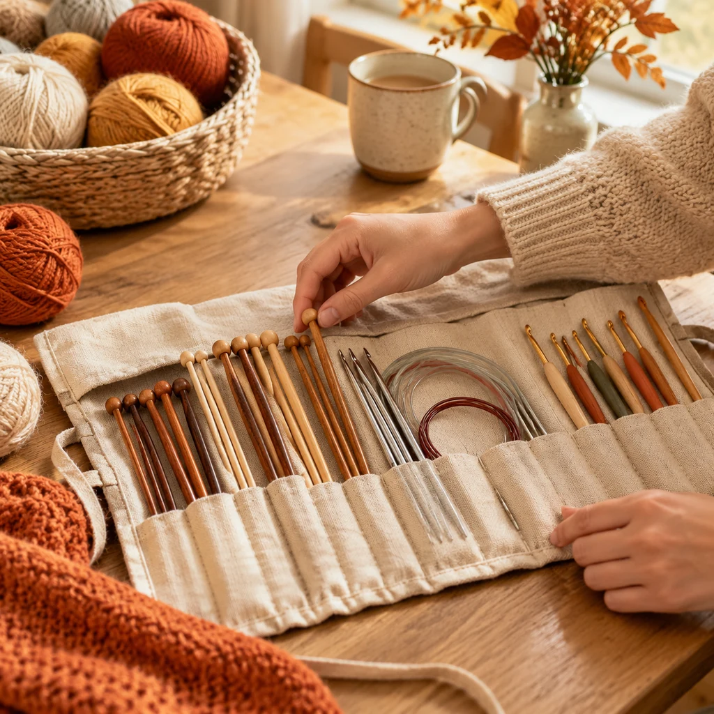 Wooden and metal needles and crochet hooks in a canvas roll