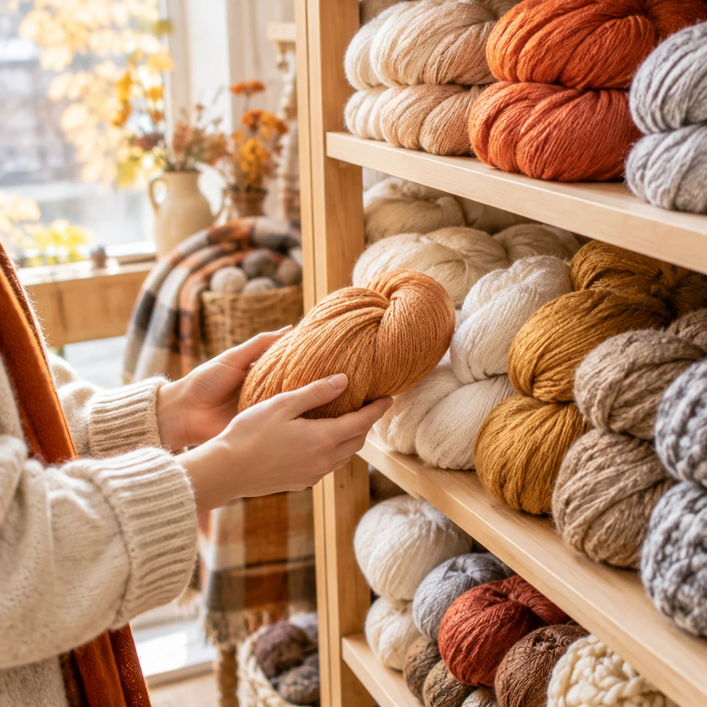 Skeins of DK, aran and chunky yarn on an oak shelf