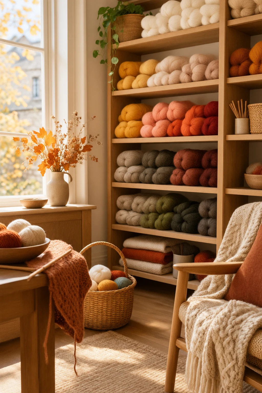 Cosy workroom with oak shelves of yarn sorted by colour
