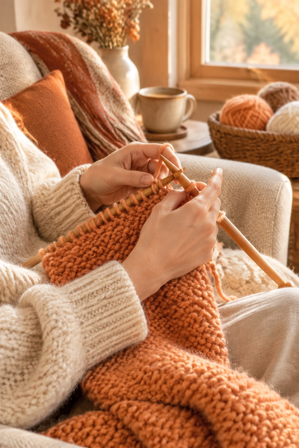 Hands knitting a chunky apricot garter-stitch scarf on wooden needles