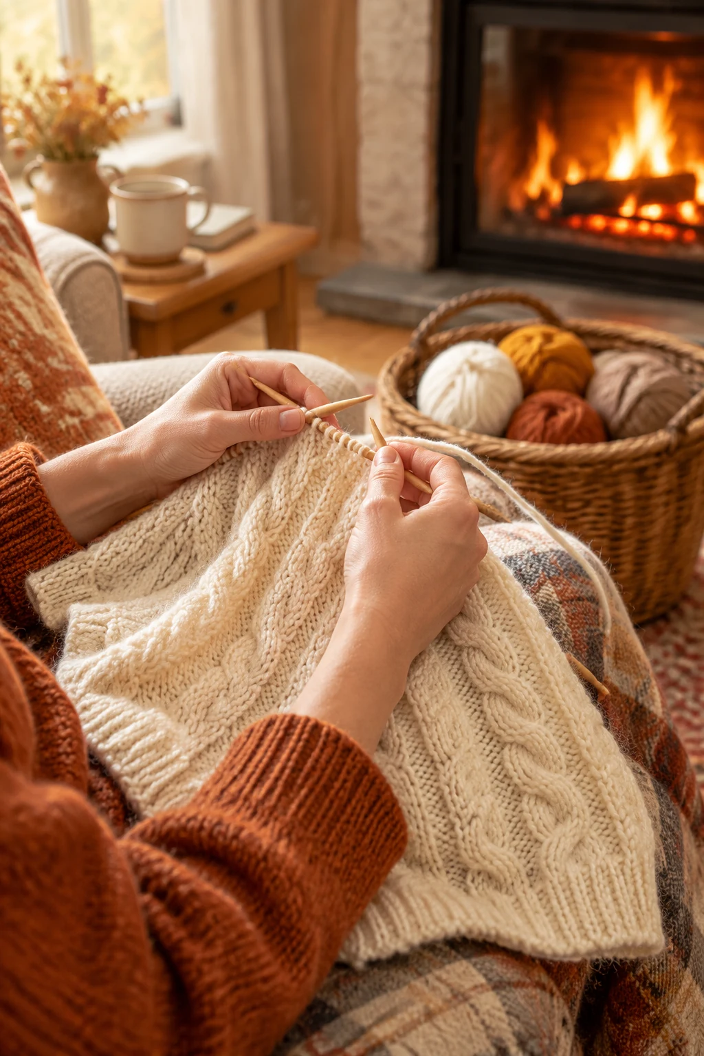 Unfinished cream cable jumper on a lap beside a glowing fireplace