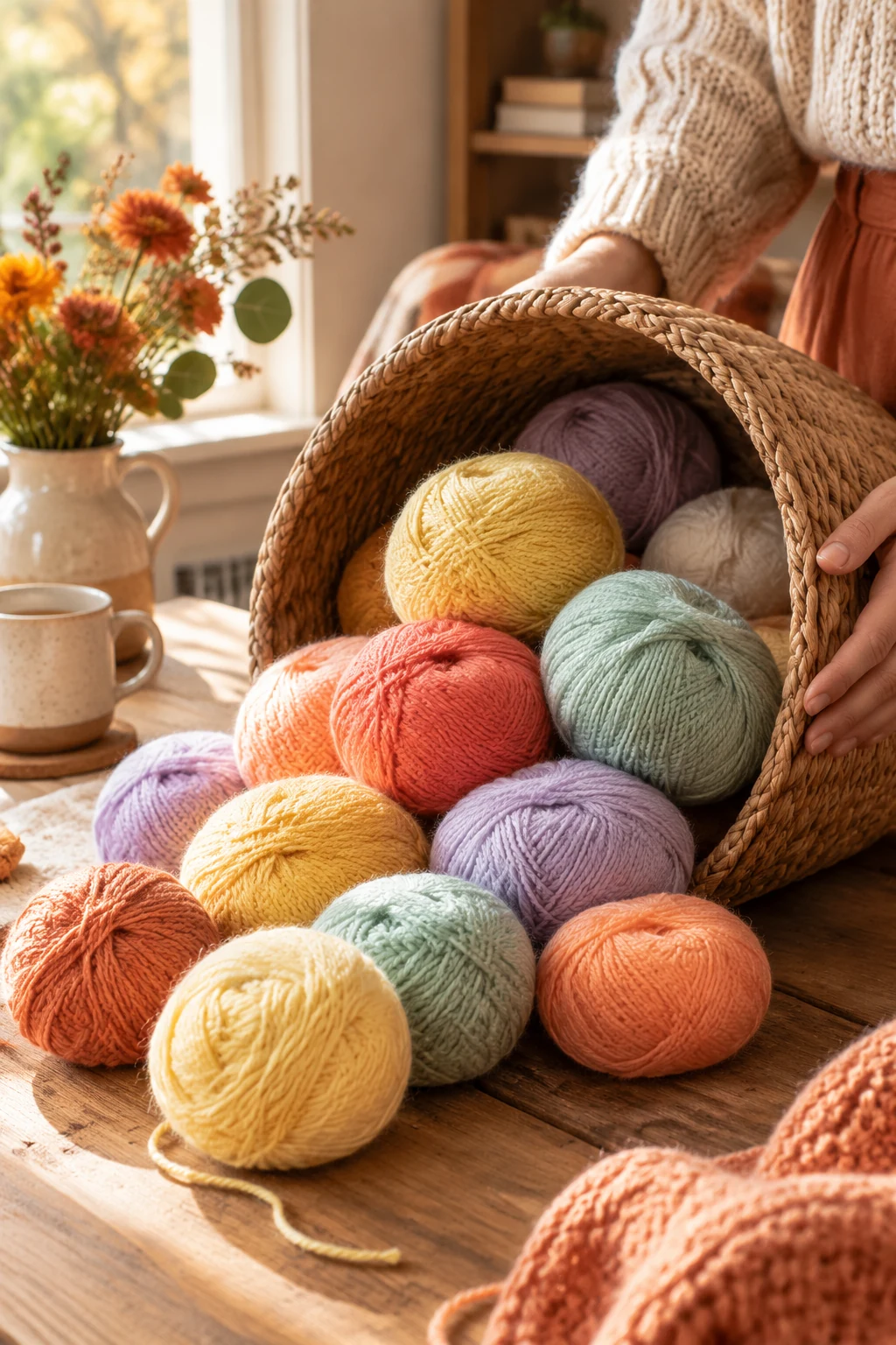 Colourful yarn balls tumbling out of a woven basket