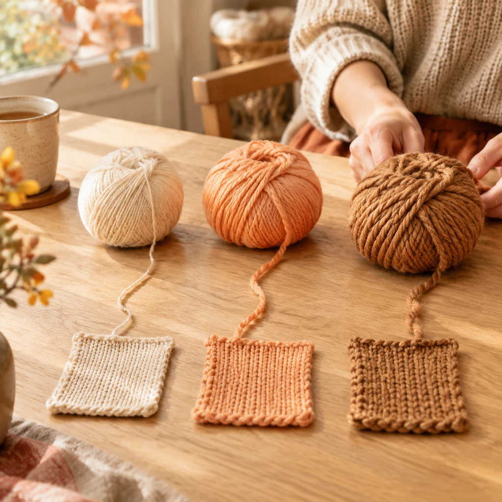 Fine, medium and chunky yarn strands side by side with knitted swatches