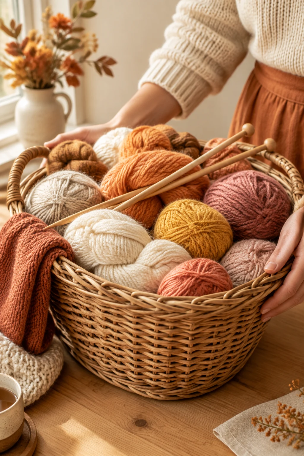 Woven basket full of apricot, cream and mustard wool skeins with wooden needles on top