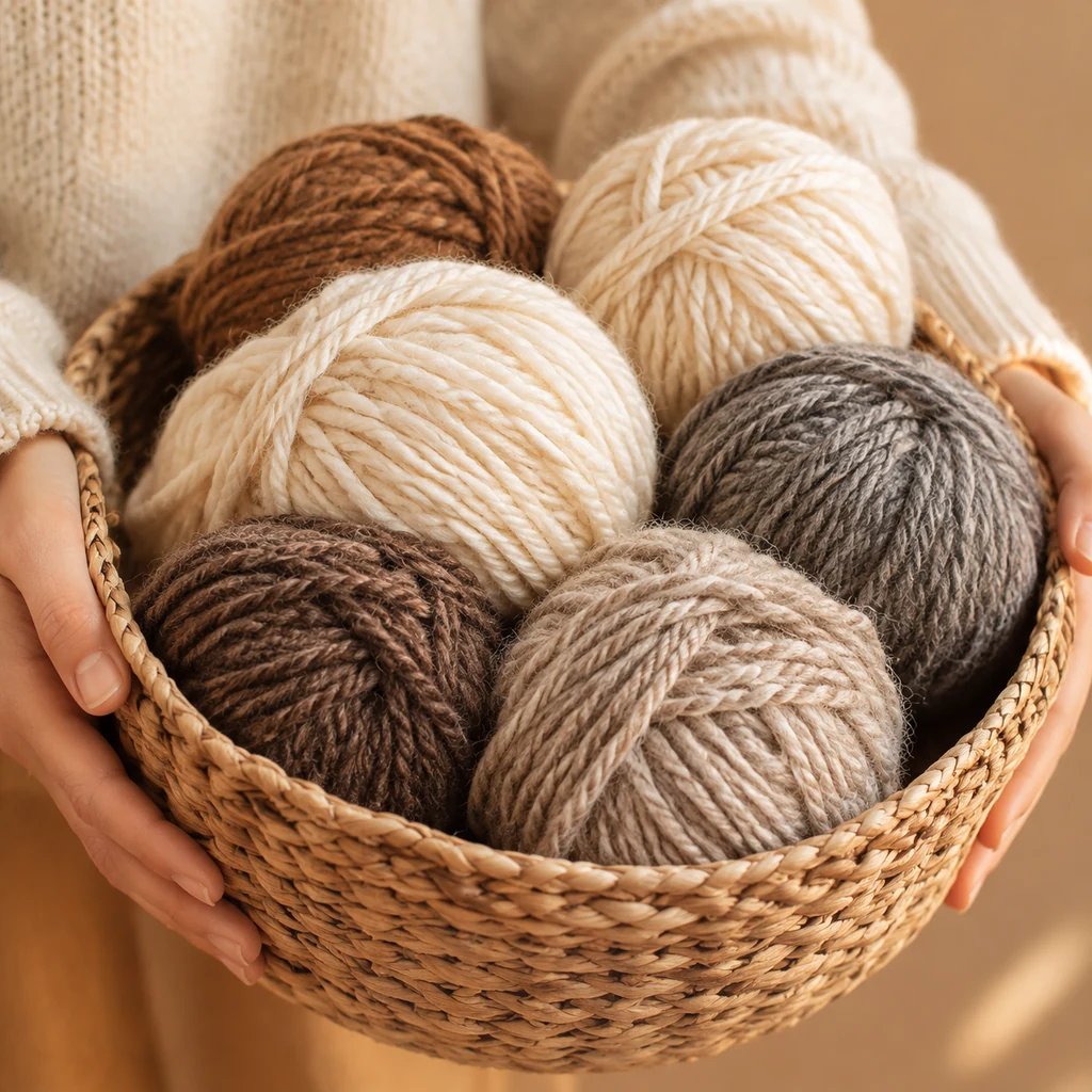 Hands holding a shallow woven basket of undyed cream, brown and grey wool balls