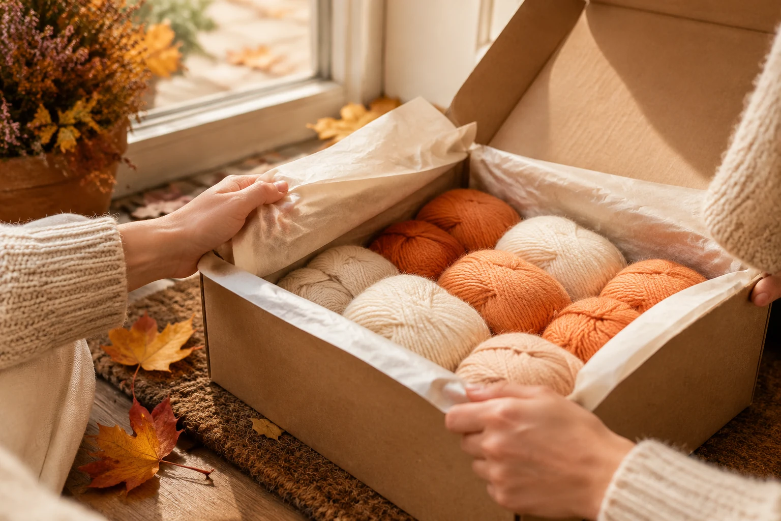 Opened kraft parcel with yarn skeins on a doormat