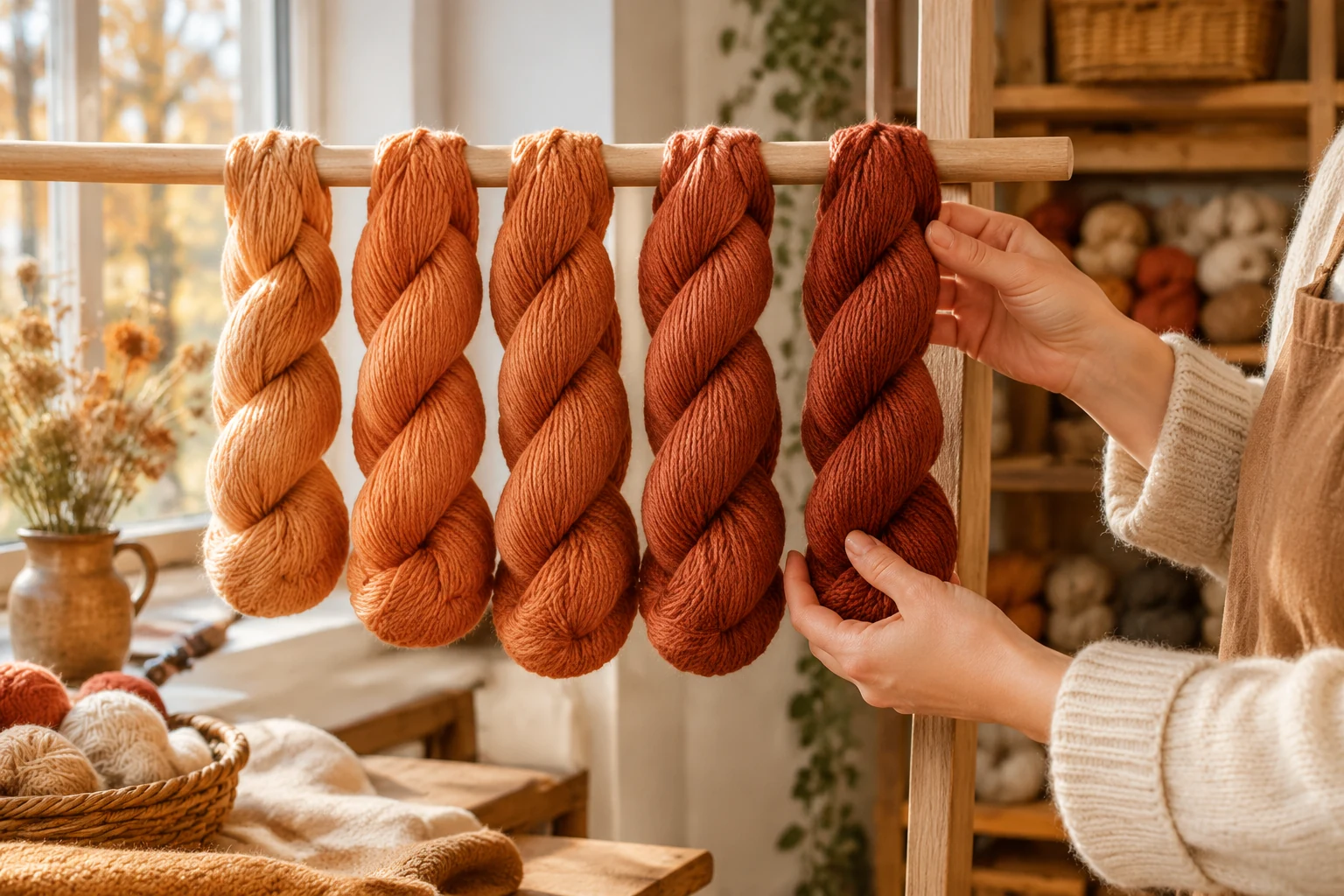 Hand-dyed terracotta skeins showing slight shade differences
