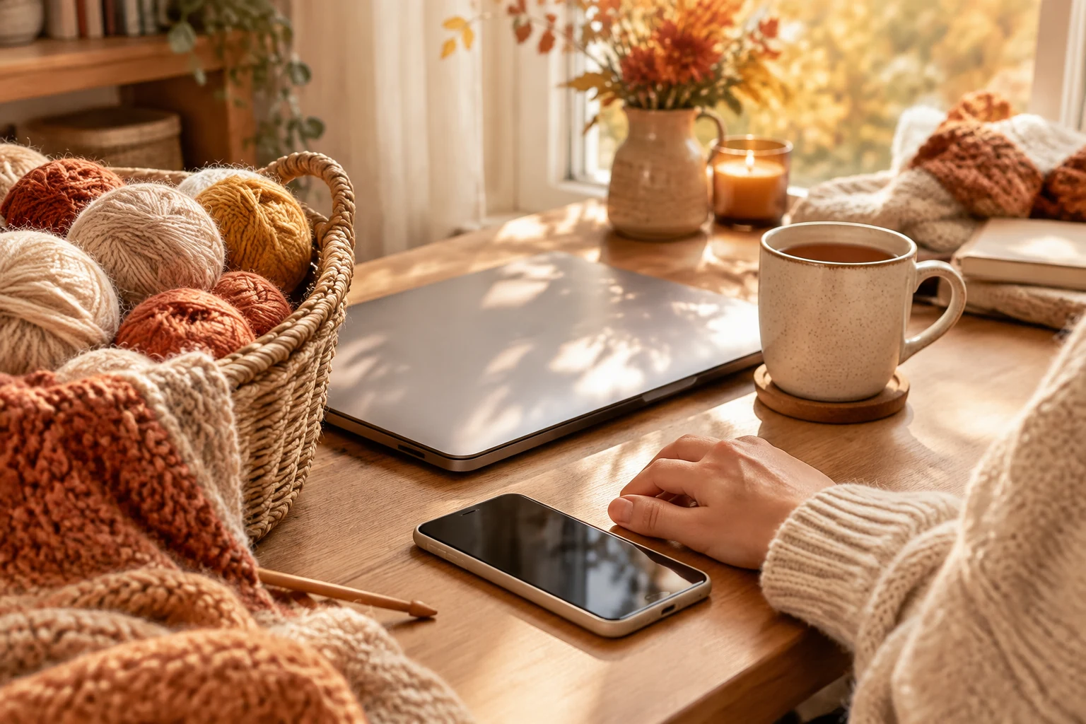 Cosy desk with a laptop, a mug of tea and a basket of yarn
