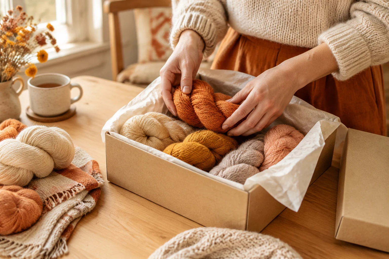 Hands packing unused yarn skeins into a kraft box