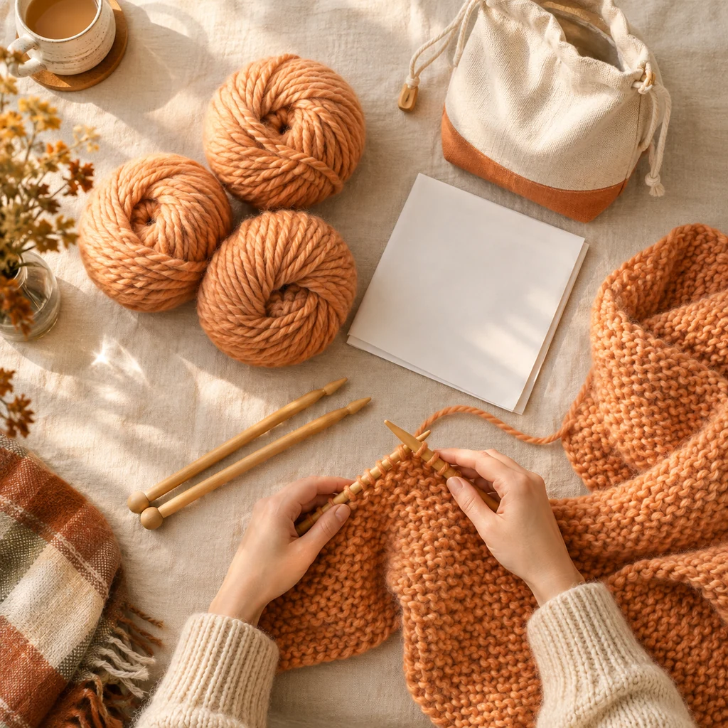 Beginner kit flat lay with chunky apricot skeins, wooden needles and a half-knitted scarf
