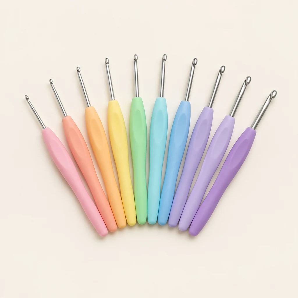 Ergonomic soft-grip crochet hooks in graduated pastel colours