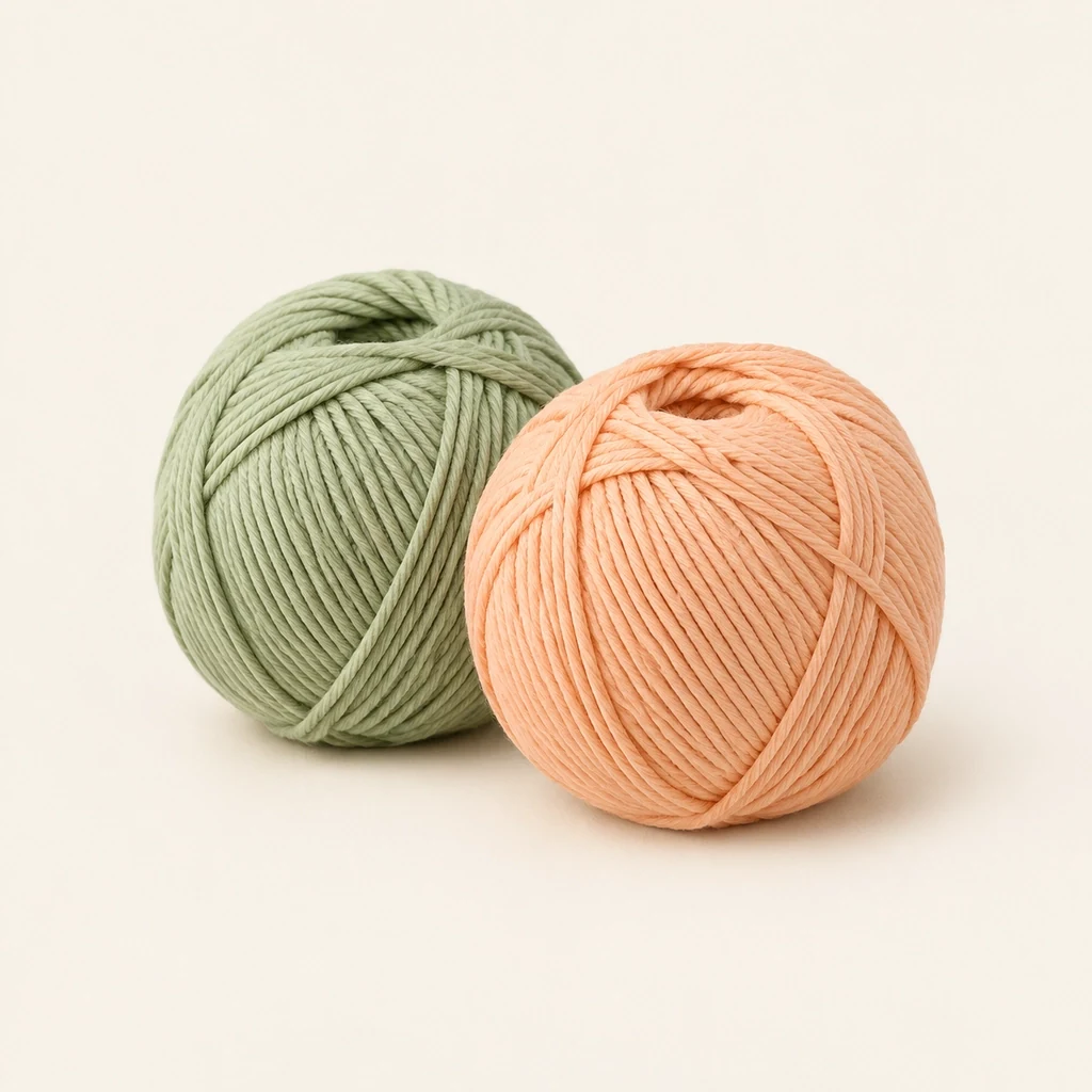 Two balls of matte cotton yarn in sage green and apricot