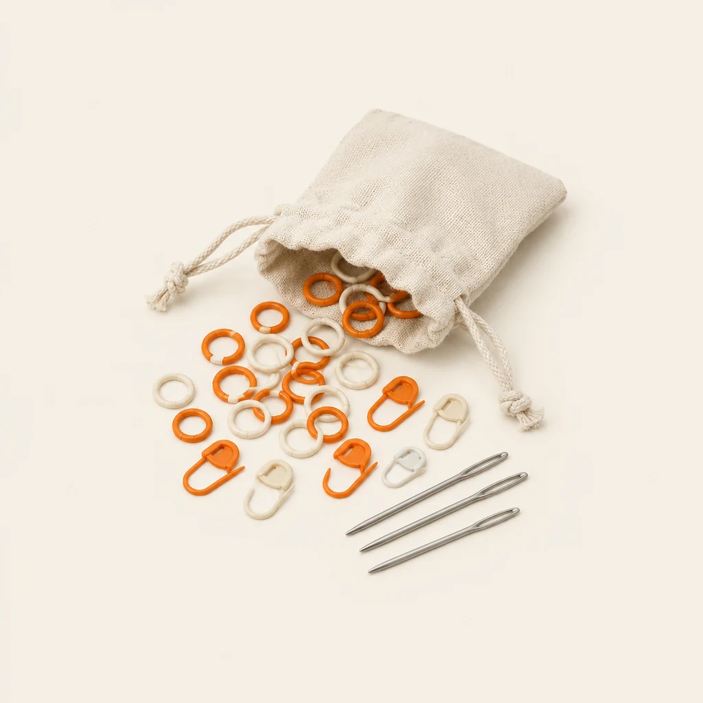 Linen pouch with stitch markers and tapestry needles