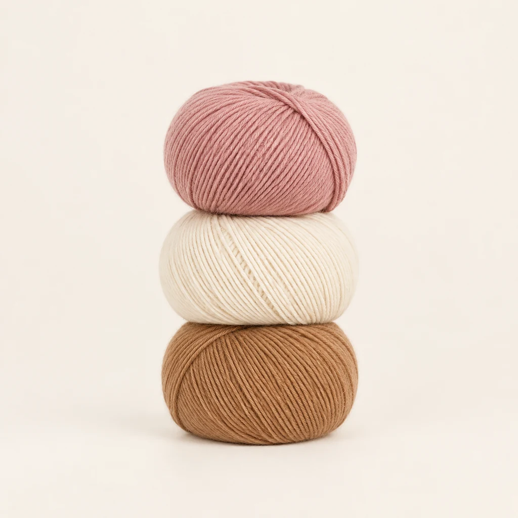 Three balls of merino DK yarn in rose, cream and caramel