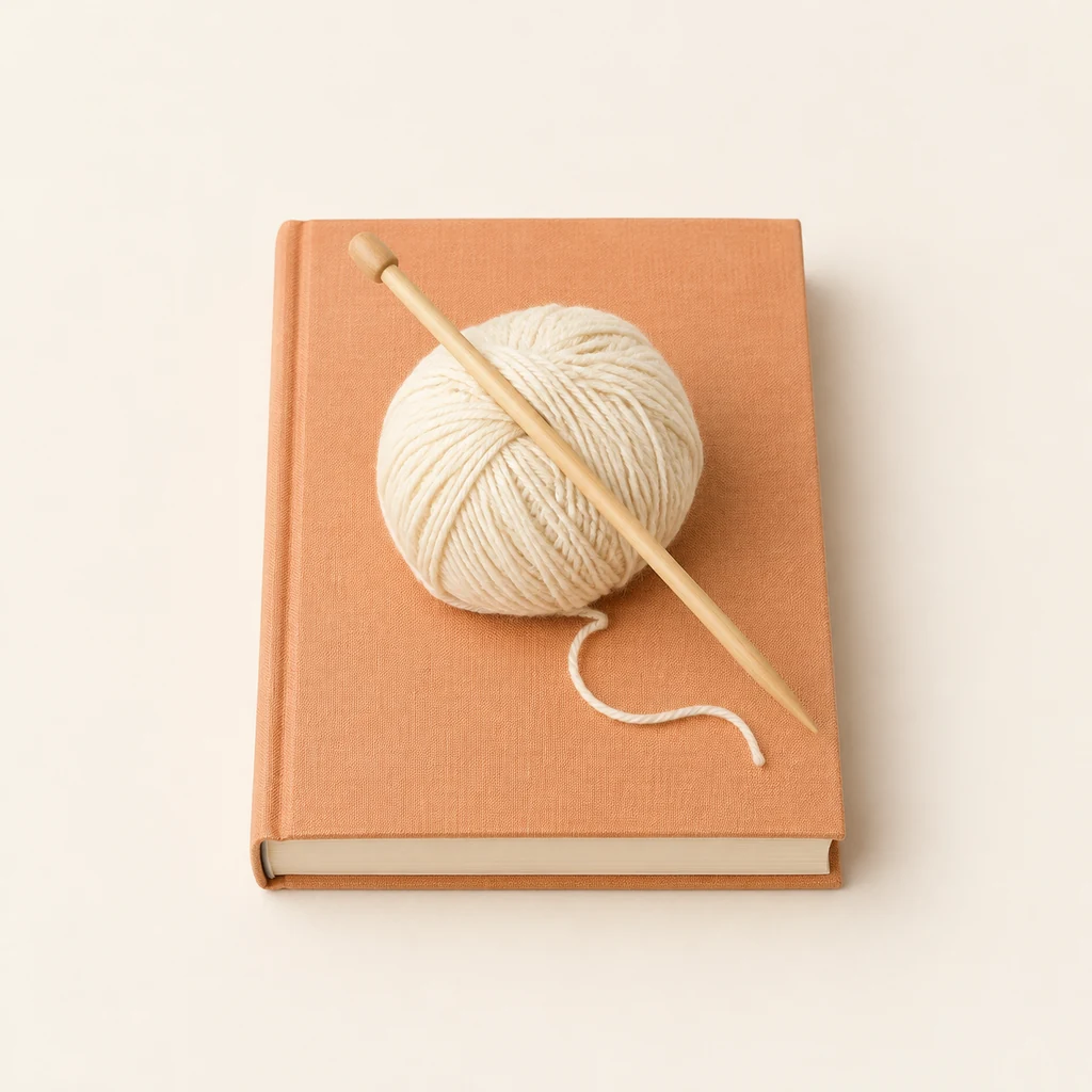 Linen-covered pattern book with a ball of cream yarn on top