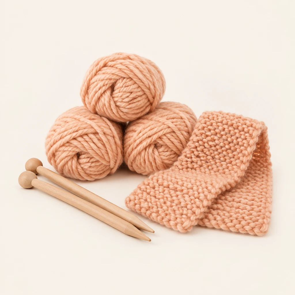 First Scarf Kit: chunky apricot skeins with wooden needles