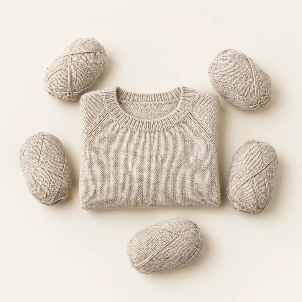 Folded oatmeal raglan jumper with matching DK skeins