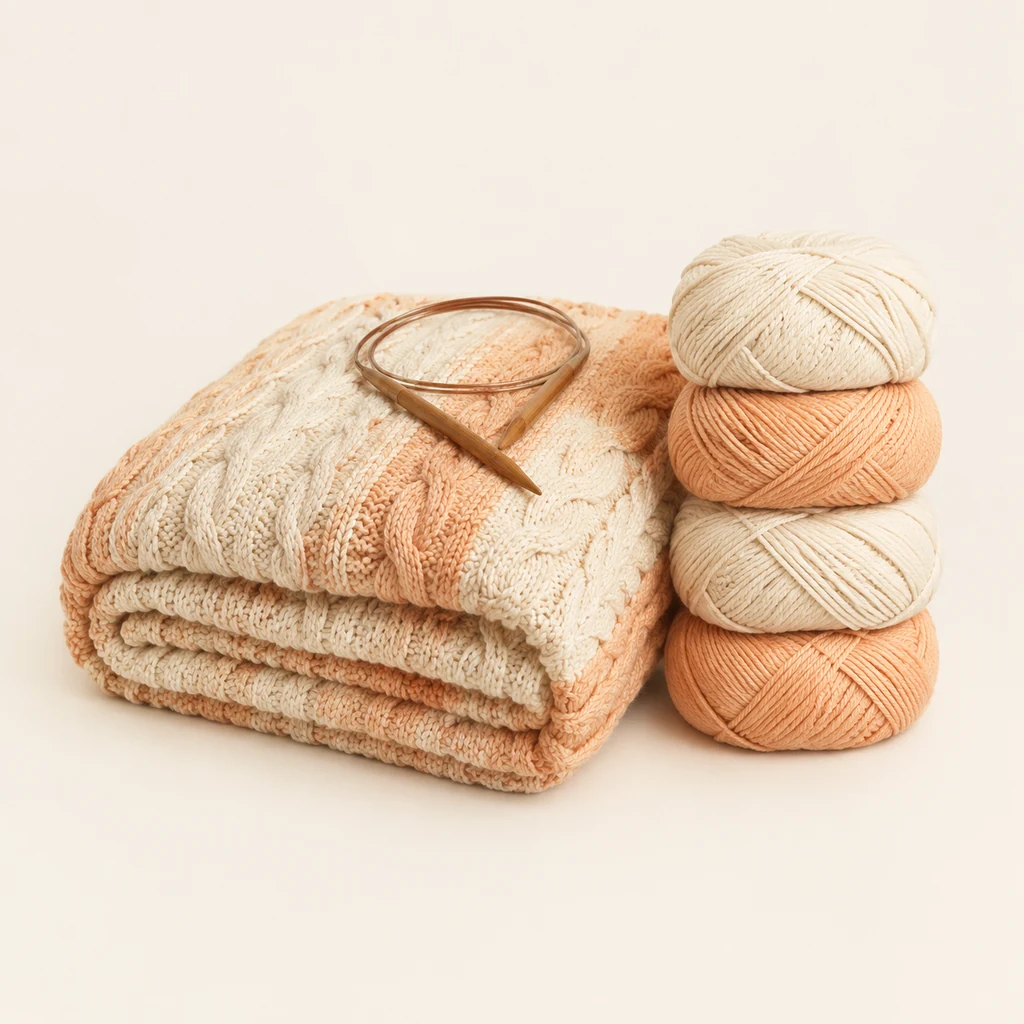 Folded cream and apricot knitted throw with matching aran skeins