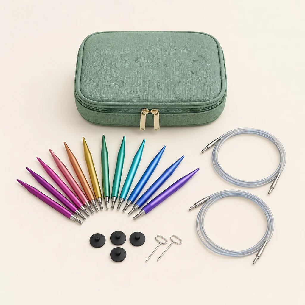 Fan of interchangeable circular needle tips in jewel colours with cables